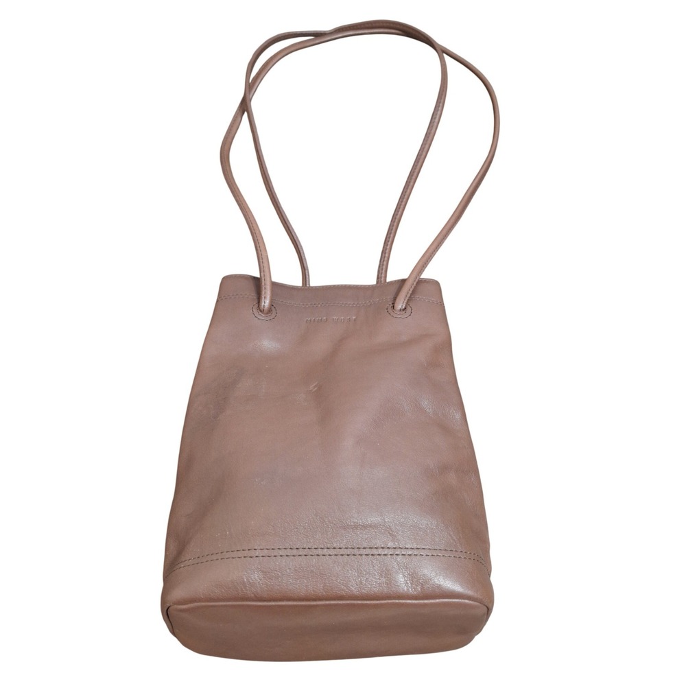 Nine West Womens Brown Genuine Leather Bucket Bag Shoulder Bag Minimalist Small